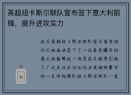 英超纽卡斯尔联队宣布签下意大利前锋，提升进攻实力